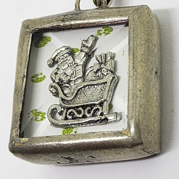 Rare Vintage Christmas Santa Ornament Two Sided Glass Pewter Swivel Clip Charm - Picture 7 of 10